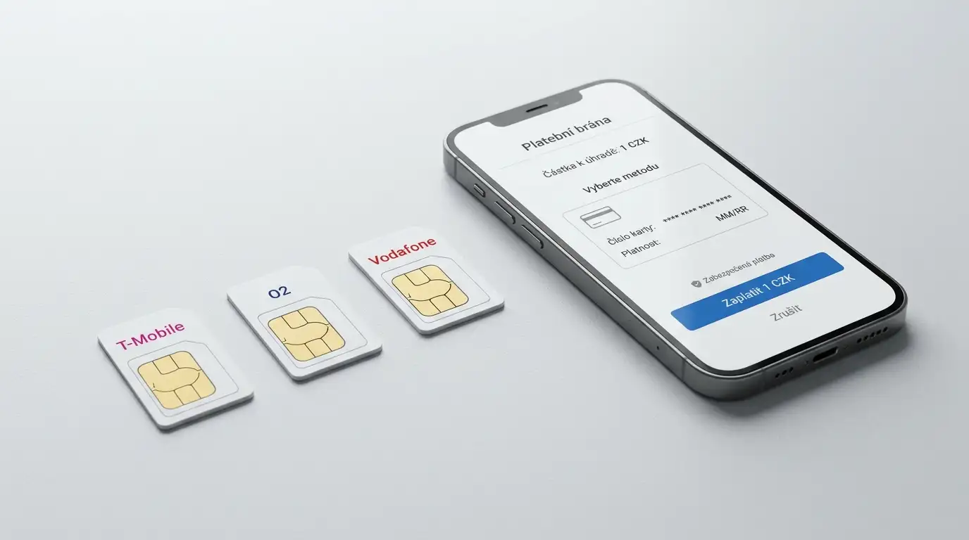 Tři SIM karty českých mobilních operátorů vedle loga platební brány