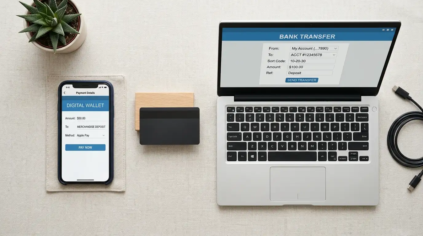 Telefon, platební karta a notebook vedle sebe jako tři metody vkladu do casina